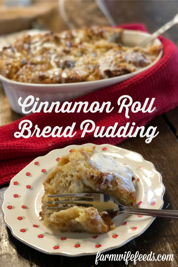 Cinnamon Roll Bread Pudding from Farmwife Feeds is a sweet breakfast treat, a delicious dessert served with ice cream or a great afternoon snack. #cinnamonrolls #recipe #dessert #breakfast #snack