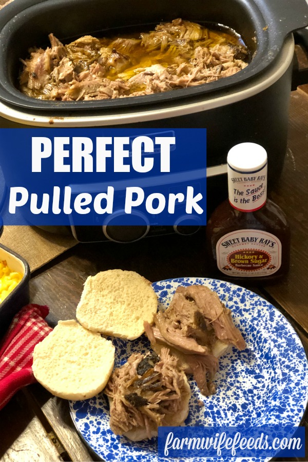 Perfect Pulled Pork from Farmwife Feeds is an easy crock pot fall apart recipe. #pork #crockpot #recipe #BBQ