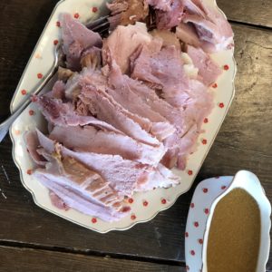 Crockpot Ham with Maple Gravy from Farmwife feeds, delicious moist ham everyone will love! #ham #pork #crockpot #slowcooker