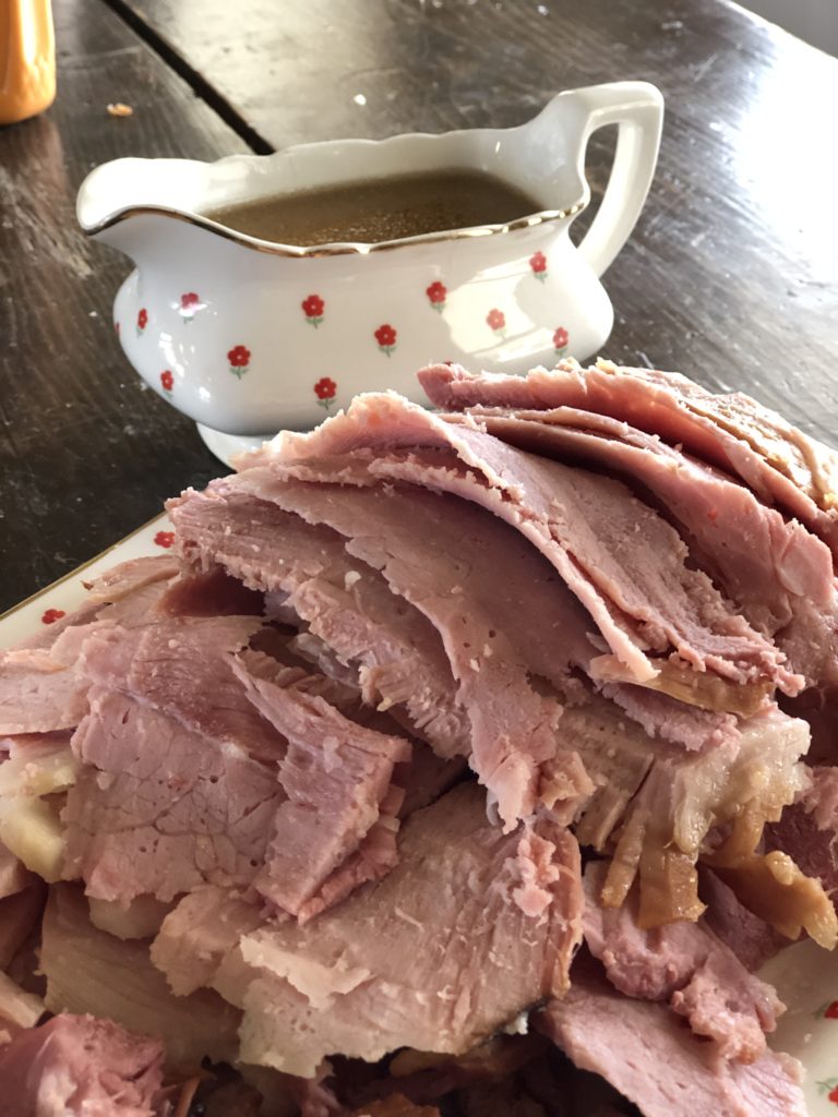 Crockpot Ham with Maple Gravy from Farmwife feeds, delicious moist ham everyone will love! #ham #pork #crockpot #slowcooker