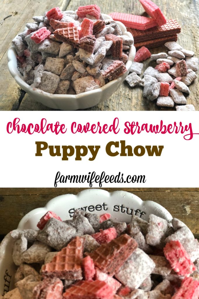 Chocolate Covered Strawberry Puppy Chow from Farmwifefeeds is a great twist on an easy snack. #chocolate #puppychow #snack #chexmix