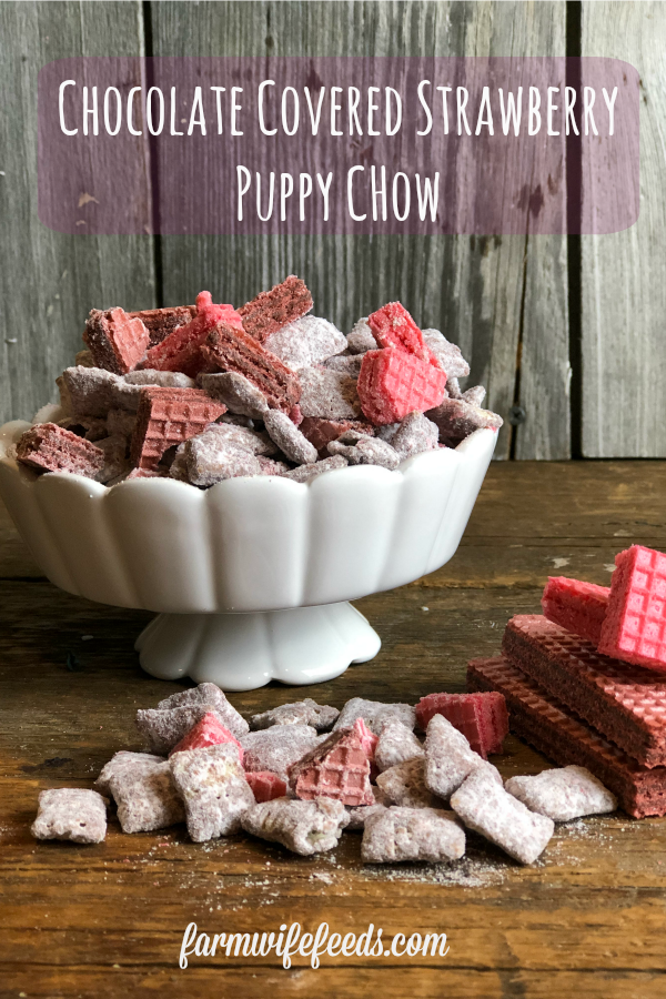 Chocolate Covered Strawberry Puppy Chow from Farmwife Feeds is a fun twist using cake mix and sugar wafters. #valentine #puppychow #strawberry #chexmix