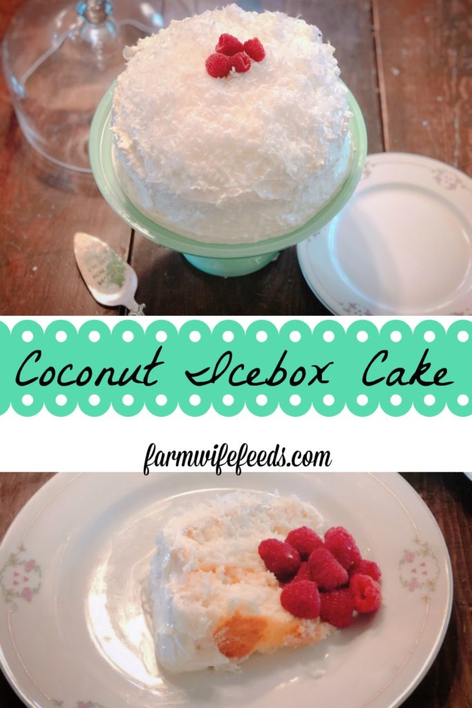 Coconut Icebox Cake from Farmwife Feeds -a traditional refrigerator cake and a poke cake all together that is better when you make it a day ahead. #coconut #cake #pokecake