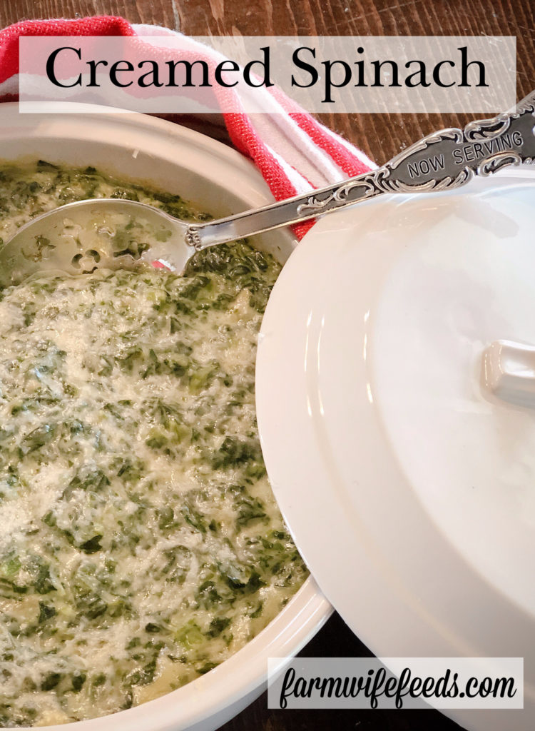 Creamed Spinach from Farmwife Feeds is a creamy easy side dish good at any meal. #creamedspinach #spinach #recipe