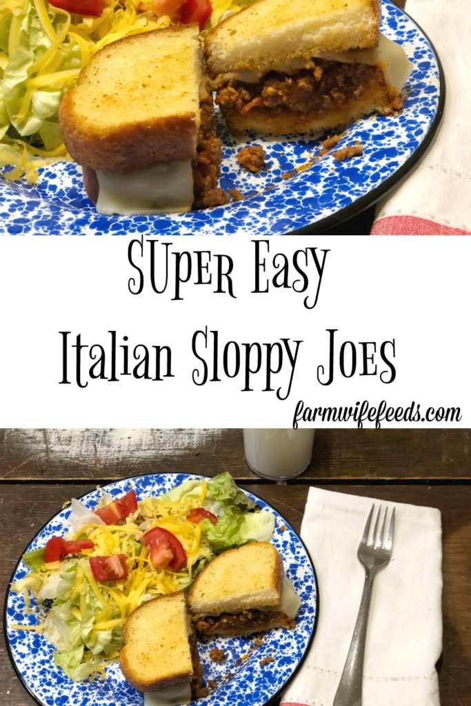 Super Easy Italian Sloppy Joes from Farmwife Feeds served on your favorite ready to go garlic bread and a side salad is a go to meal for busy days. #sloppyjoes #Italian #recipe #sandwich