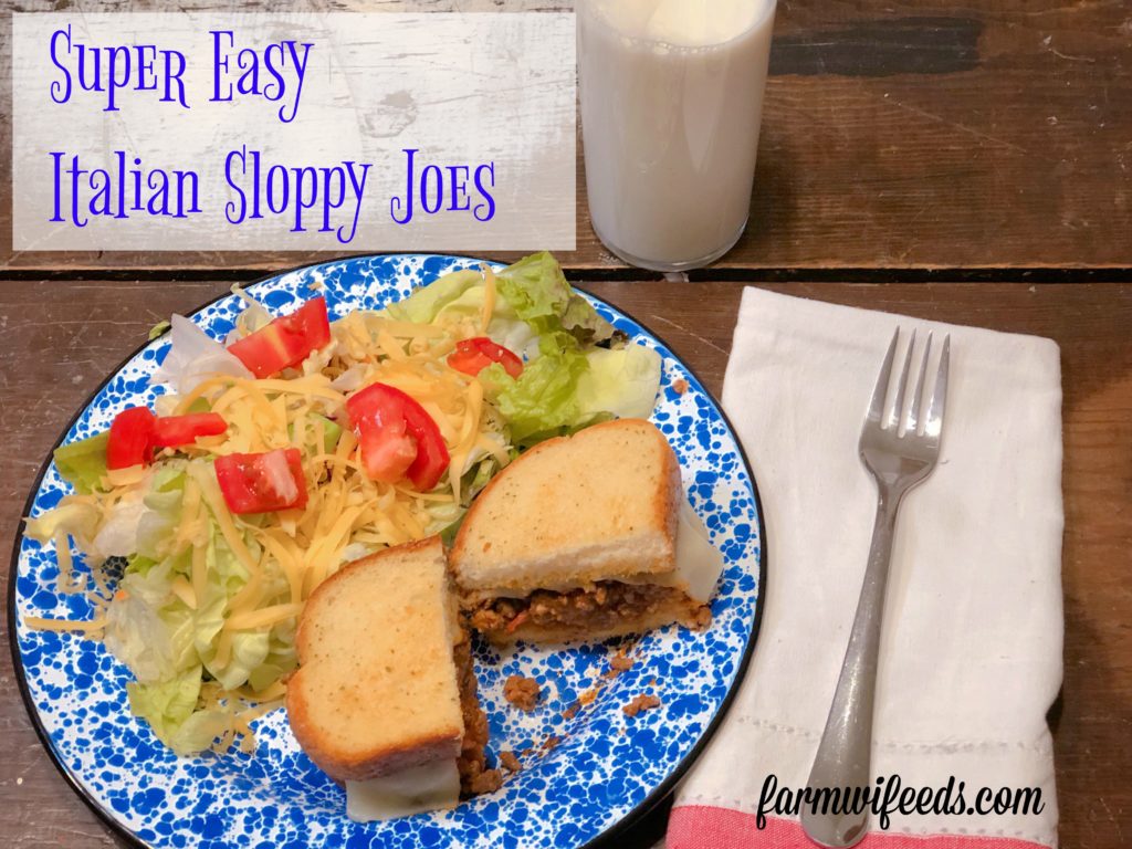 Super Easy Italian Sloppy Joes from Farmwife Feeds served on your favorite ready to go garlic bread and a side salad is a go to meal for busy days. #sloppyjoes #Italian #recipe #sandwich