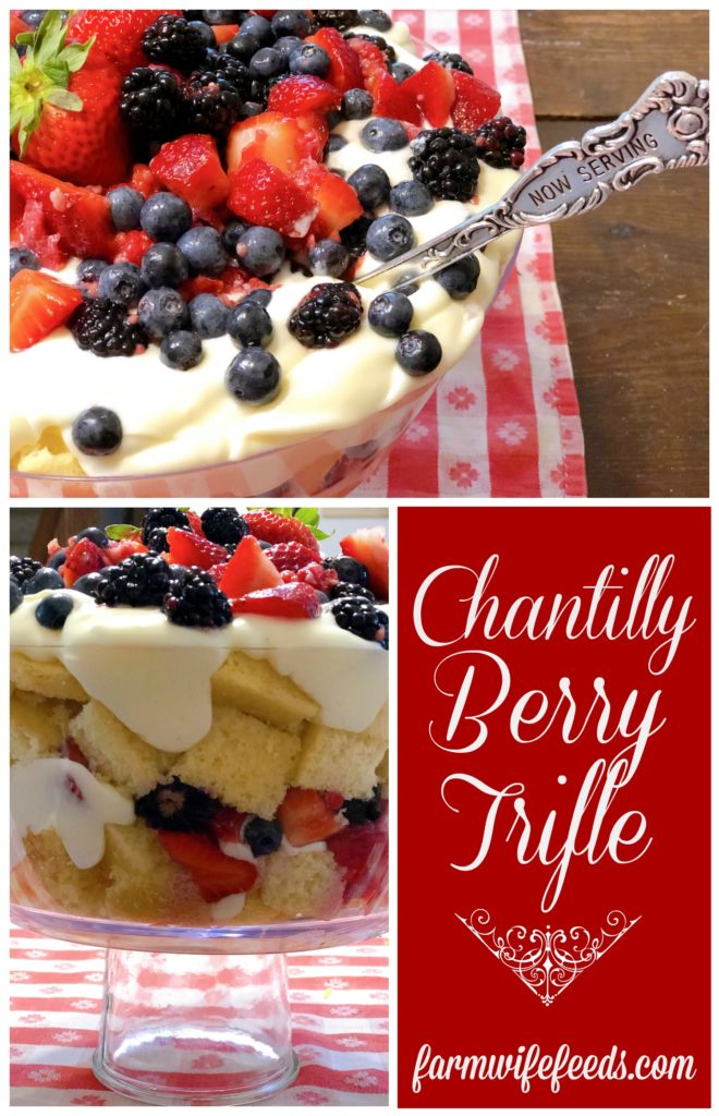 Chantilly Berry Trifle from Farmwife Feeds is an easy fresh berry version of Chantilly Cake. #recipe #freshberries #trifle