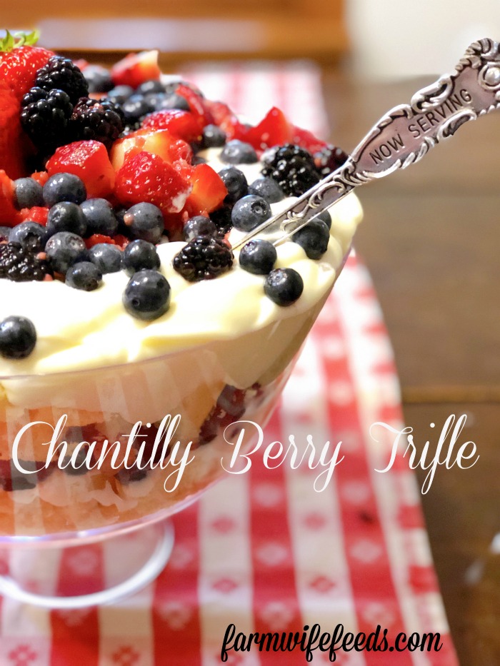 Chantilly Berry Trifle from Farmwife Feeds is an easy fresh berry version of Chantilly Cake. #recipe #freshberries #trifle