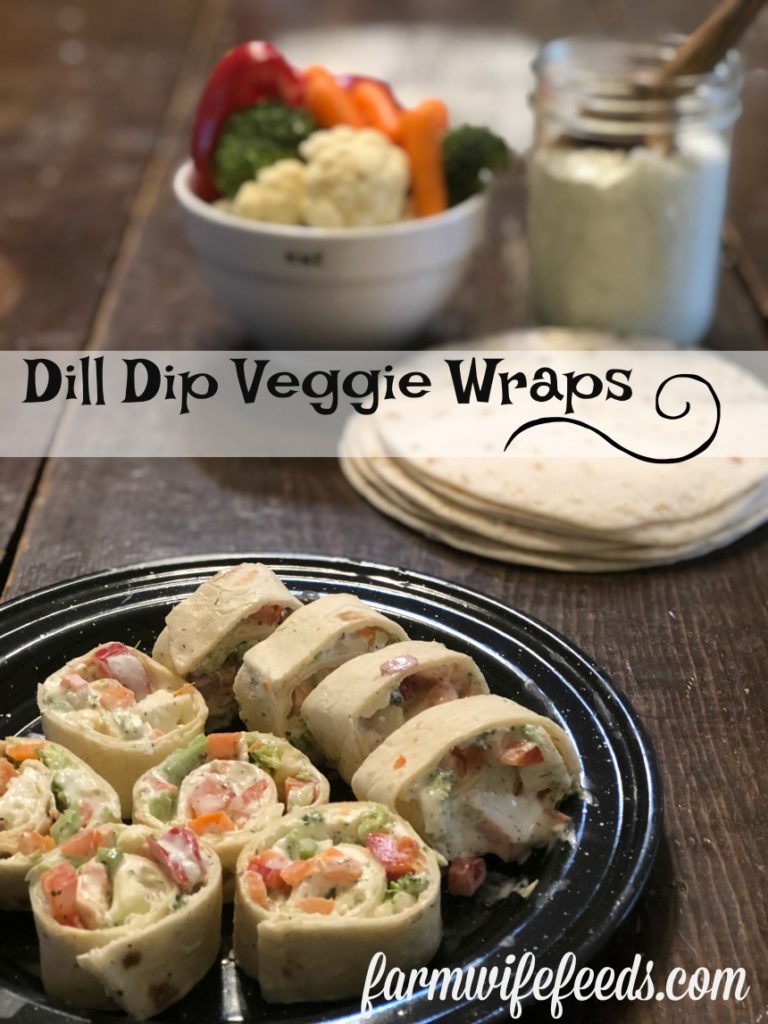 Dill Dip Veggie Wrap from Farmwife Feeds, an easy vegetable tortilla roll up, great for snacks or appetizers. #recipe #vegetables #snacks