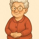 Cartoon-style illustration of an elderly woman with white curly hair, large round glasses, and a warm smile. She’s wearing a red cardigan over a beige floral skirt, small gold earrings, and brown shoes, standing with her hands gently clasped in front of her.