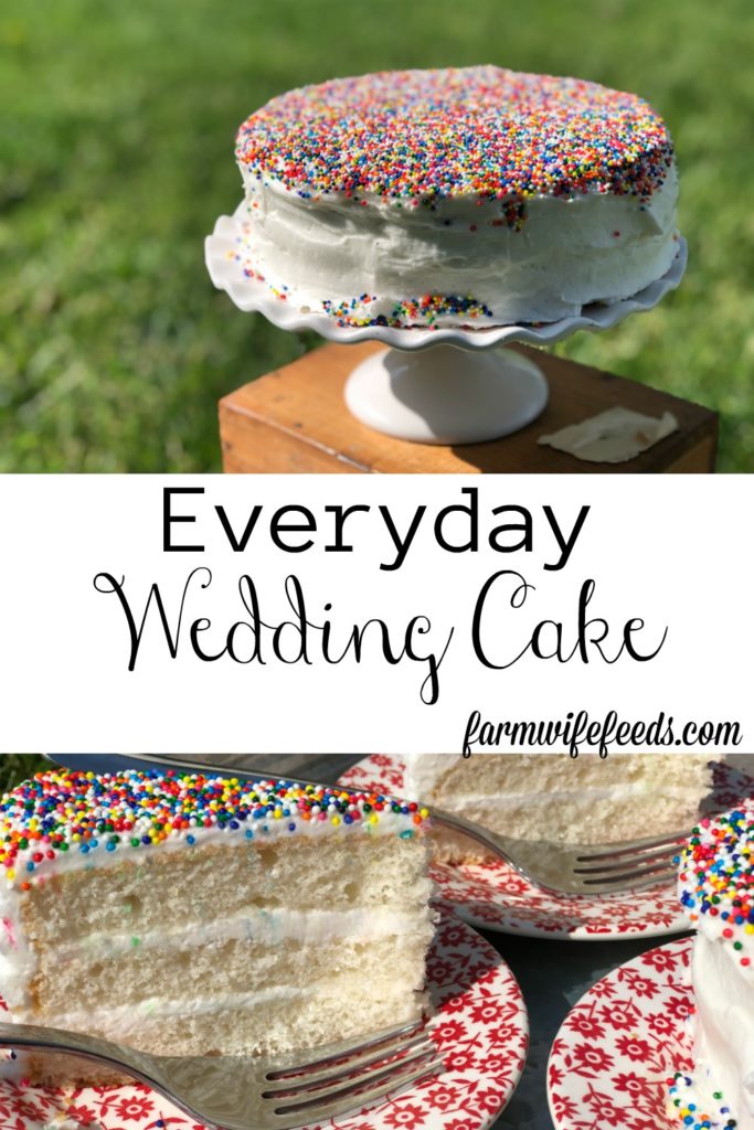 Everyday Wedding Cake from Farmwife Feeds is an easy homemade add to box mix cake that tastes bakery made. #weddingcake #cake #sprinkles #boxmix