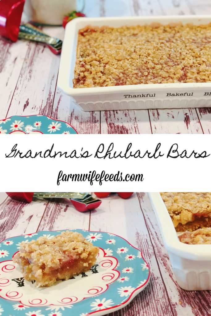 Grandma's Rhubarb Bars from Farmwife Feeds with a touch of strawberry jam is a great dessert for pitch-ins and get togethers. #rhubarb #recipe #bardessert