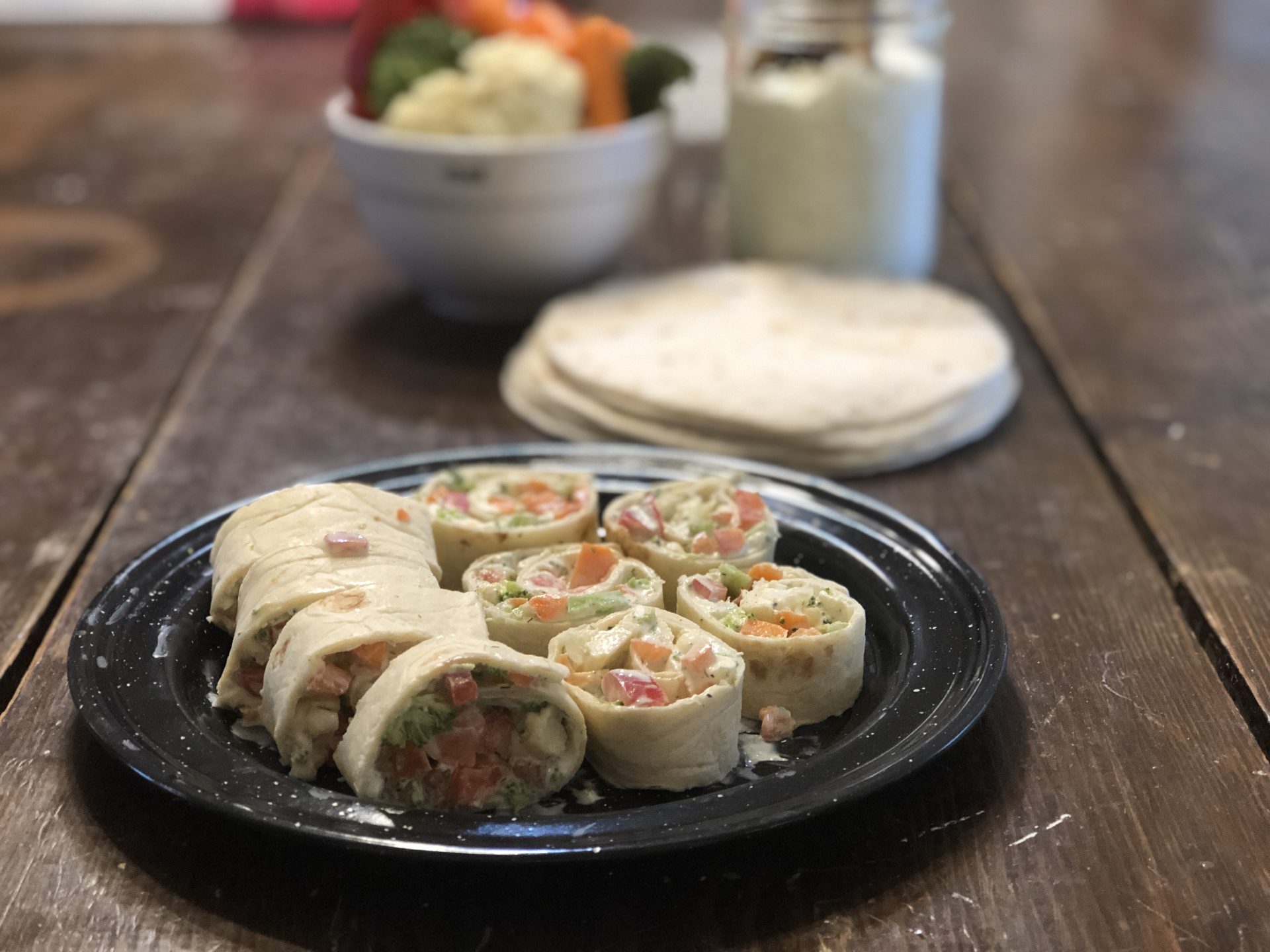 Dill Dip Veggie Wrap from Farmwife Feeds, an easy vegetable tortilla roll up, great for snacks or appetizers. #recipe #vegetables #snacks