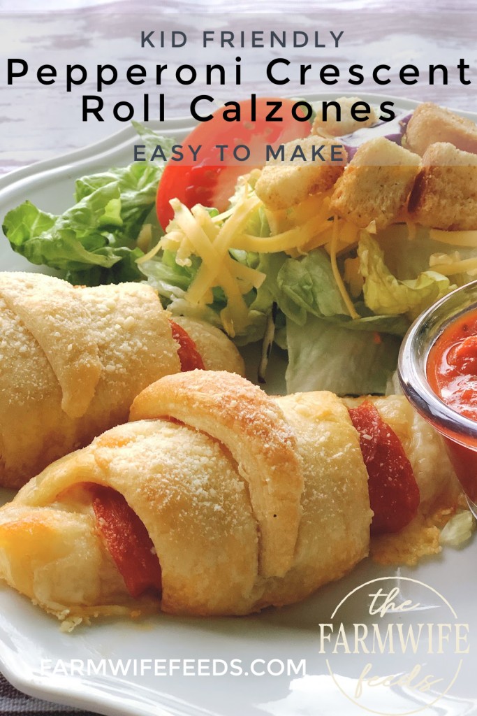 Kid-friendly pepperoni crescent roll calzones easy to make with salad and dipping sauce - farmwife feeds