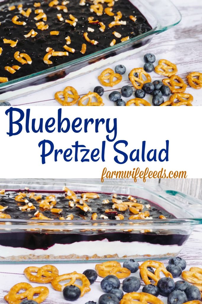Blueberry Pretzel Salad from Farmwife Feeds a delicious spin on a classic, this version is made without Jello and uses fresh blueberries. #salad #creamcheese #recipe #blueberry #blueberries