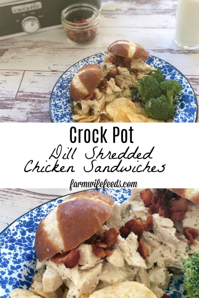 Crock Pot Dill Shredded Chicken Sandwiches from Farmwife Feeds is a simple dinner ready when you get home! #dill #sandwich #chicken #easyrecipe #crockpot