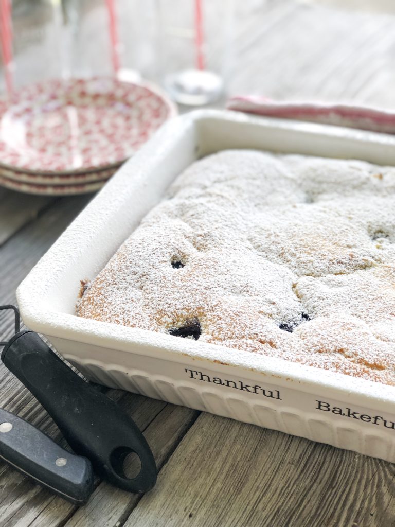 Easy Blueberry Cream Cheese Cake from Farmwife Feeds is super simple as a coffee cake or a dessert. #blueberry #cake #coffeecake #blueberries #recipe