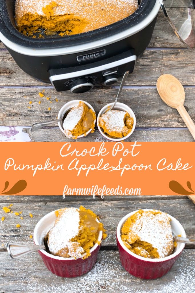 Crock Pot Pumpkin Apple Spoon Cake from Farmwife Feeds is a simple no fail fall dessert recipe to please everyone. #pumpkin #apple #crockpot #recipe