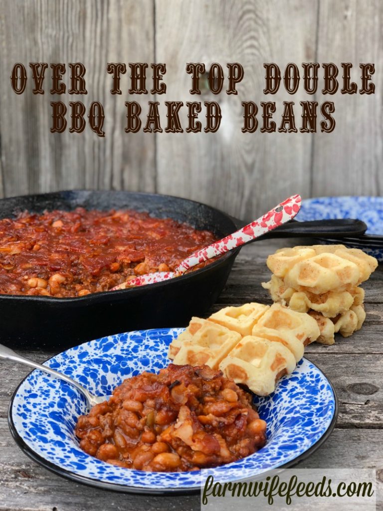 Over The Top Double BBQ Baked Beans from Farmwife Feeds is a great meal or pitch-in potluck favorite everyone will love! #beans #bakedbeans