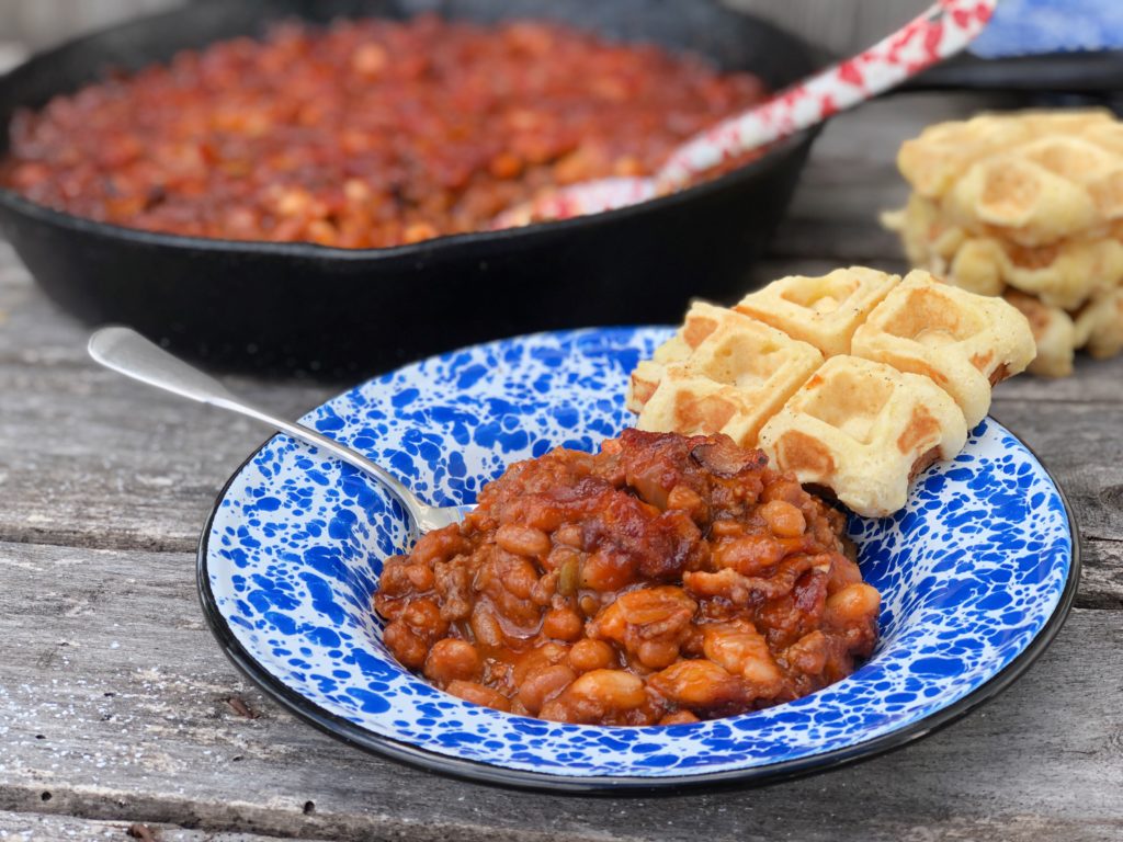 Over The Top Double BBQ Baked Beans from Farmwife Feeds is a great meal or pitch-in potluck favorite everyone will love! #beans #bakedbeans