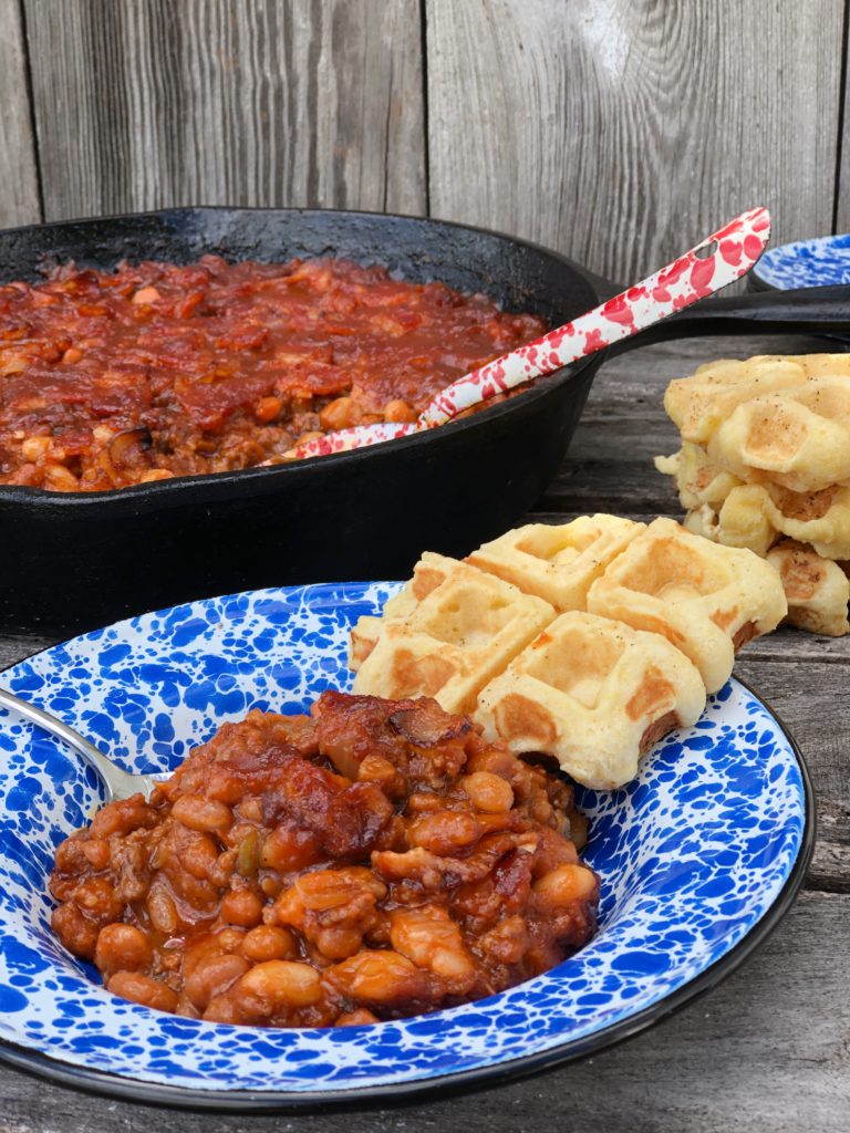 Over The Top Double BBQ Baked Beans from Farmwife Feeds is a great meal or pitch-in potluck favorite everyone will love! #beans #bakedbeans