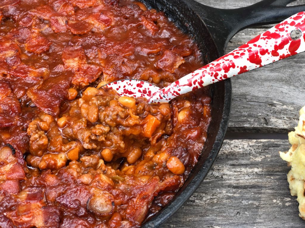 Over The Top Double BBQ Baked Beans from Farmwife Feeds is a great meal or pitch-in potluck favorite everyone will love! #beans #bakedbeans