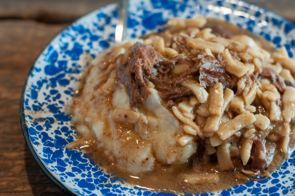 Crock Pot Beef & Noodles from Farmwife Feeds is an easy dump and go recipe that is crowd & family pleaser! #recipe #beef #crockpot #slowcooker