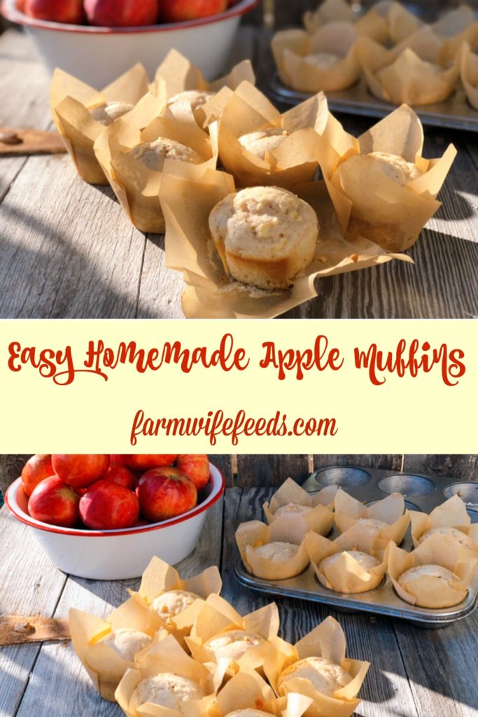 Easy Homemade Apple Muffins from Farmwife Feeds are a hearty muffin with lots of apple chunks, perfect for breakfast or snacks on the go. #apples #muffins #recipe
