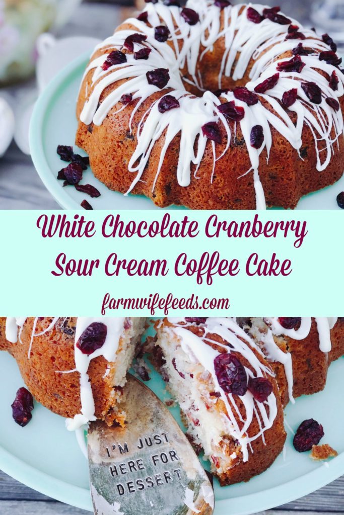 White Chocolate Cranberry Sour Cream Cake from Farmwife Feeds is a decadent treat for any occasion. #coffeecake #recipe #cake