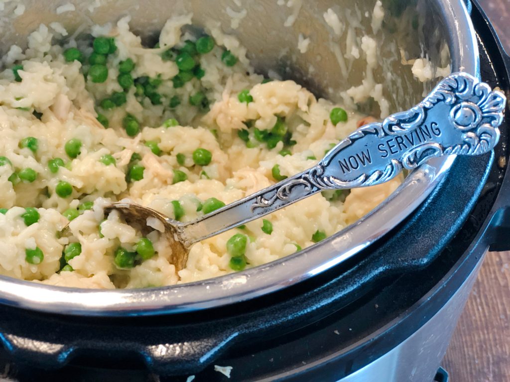 Instant Pot Chicken, Rice and Peas from Farmwife Feeds is a classic casserole made easily in the Instant Pot. #casserole #chicken #rice