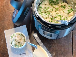 Instant Pot Chicken, Rice and Peas from Farmwife Feeds is a classic casserole made easily in the Instant Pot. #casserole #chicken #rice