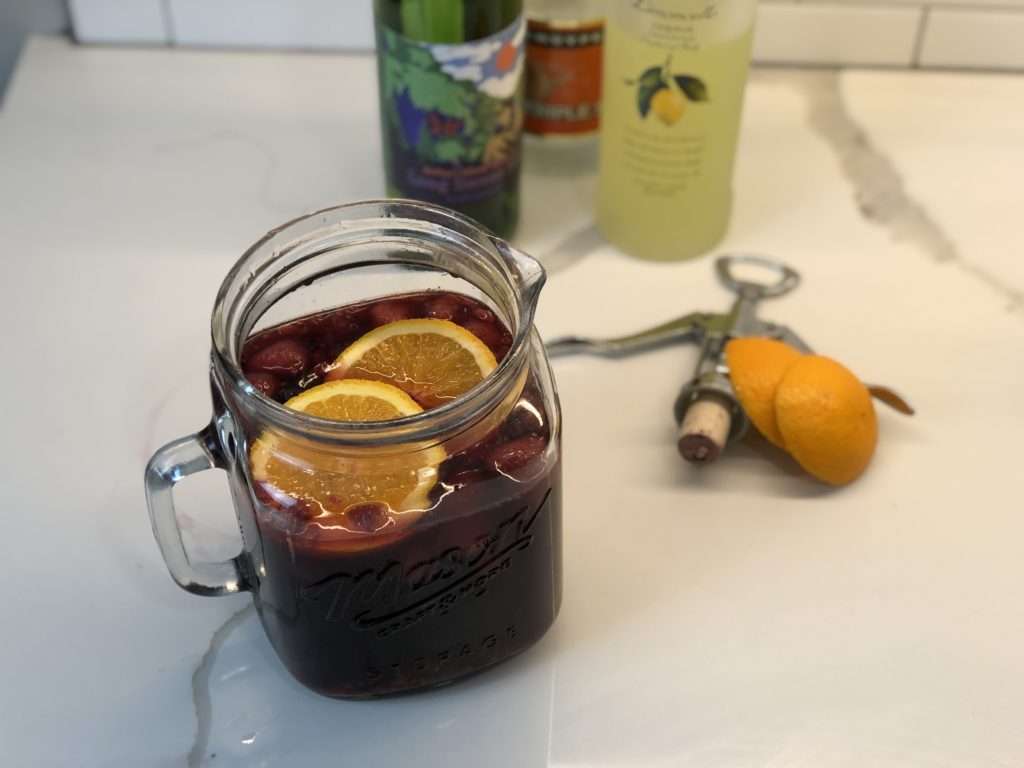Semi-Sweet Red Wine Sangria from Farmwife Feeds, fruity wine with Triple Sec and Lemoncello made by the pitcher! #sangria #redwine #drinks