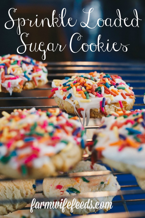 Sprinkle Loaded Sugar Cookies from Farmwife Feeds are a classic drop sugar cookie that are easy to make and easy to eat! #sugarcookies #cookies #sprinkles #recipe