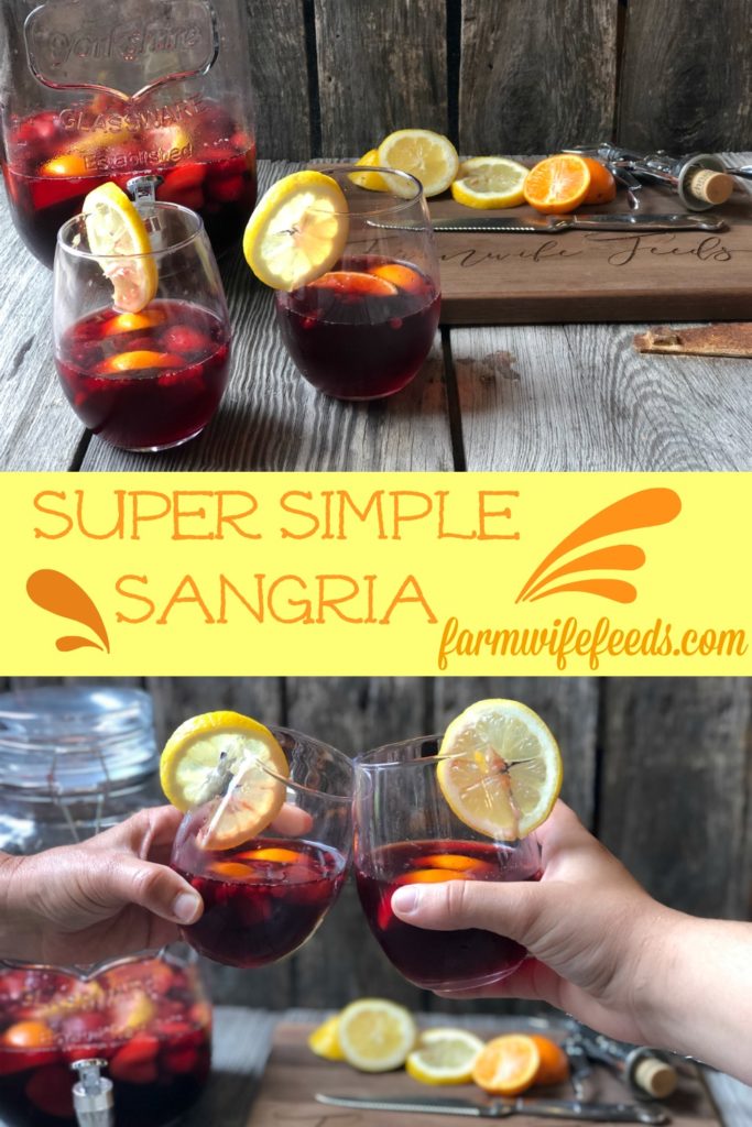 Super Simple Sangria from Farmwife Feeds is the easiest cocktail for a crowd or to enjoy by yourself watching the world go by. #sangria #redwine #fruit #wine