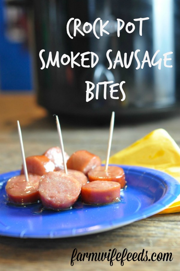 Crock Pot Smoked Sausage Bites, 3 ingredients super simple throw together recipe from Farmwife Feeds #recipe #smokedsausage #appetizer #snack