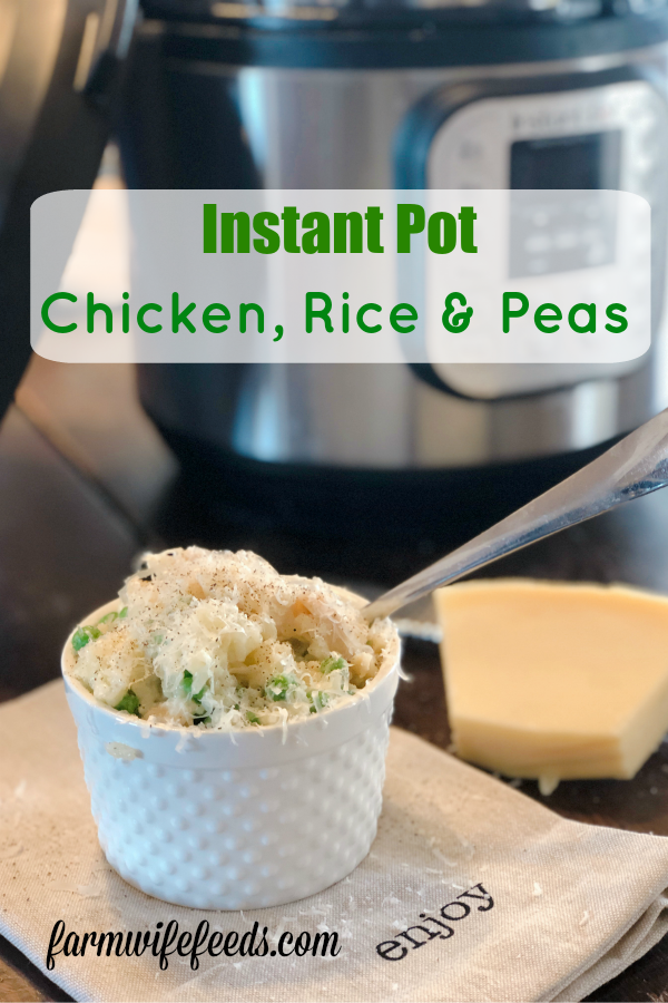 Instant Pot Chicken, Rice and Peas from Farmwife Feeds is a classic casserole made easily in the Instant Pot. #casserole #chicken #rice