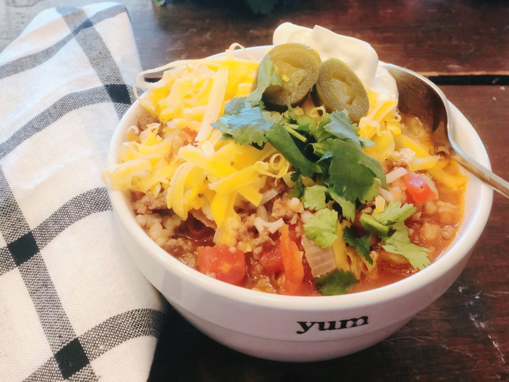 Mexican Beef Rice Soup from Farmwife Feeds is an easy soup that tastes summer fresh anytime of the year. #soup #mexican #salsa #rotel