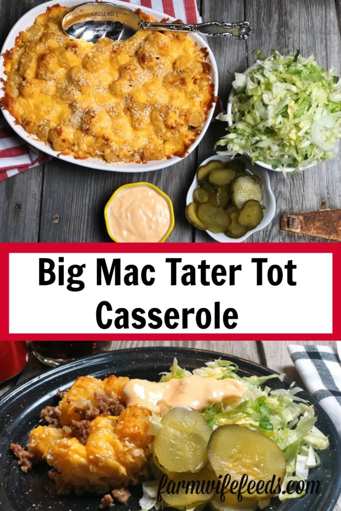 Big Mac Tater Tot Casserole from Farmwife Feeds is a casserole take on a McDonalds favorite complete with special sauce. #bigmac #casserole #hotsdish #tatertots