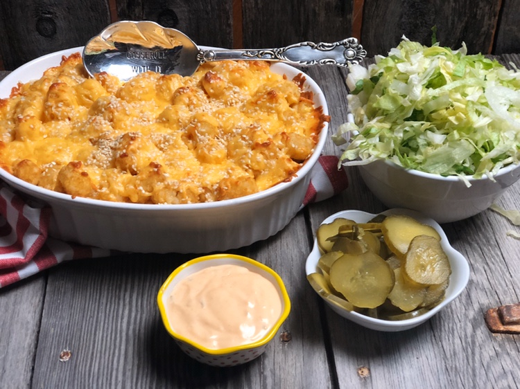 Big Mac Tater Tot Casserole from Farmwife Feeds is a casserole take on a McDonalds favorite complete with special sauce. #bigmac #casserole #hotsdish #tatertots