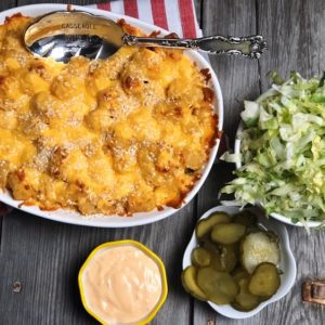 Big Mac Tater Tot Casserole from Farmwife Feeds is a casserole take on a McDonalds favorite complete with special sauce. #bigmac #casserole #hotsdish #tatertots