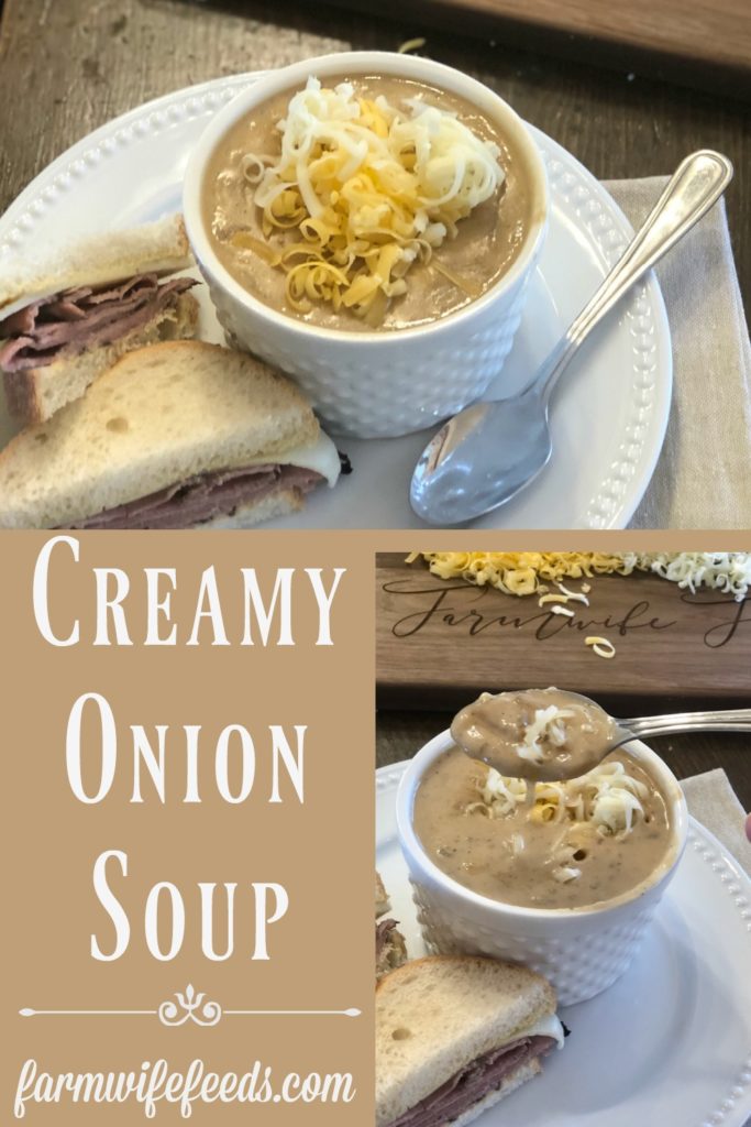 Creamy Onion Soup from Farmwife Feeds, a rich full of flavor and cheese soup that's hearty. #soup #recipe #onion