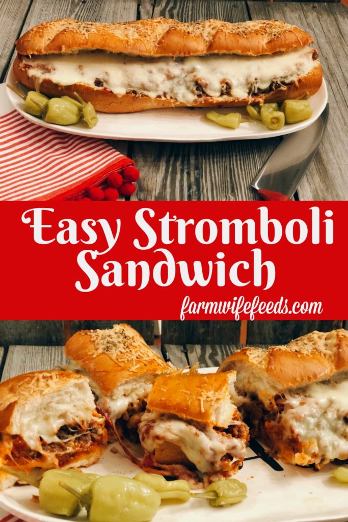Easy Stromboli Sandwich from Farmwife Feeds, a family size sandwich that is simple to make and customize anyway your family likes. #recipe #grinder #sandwich