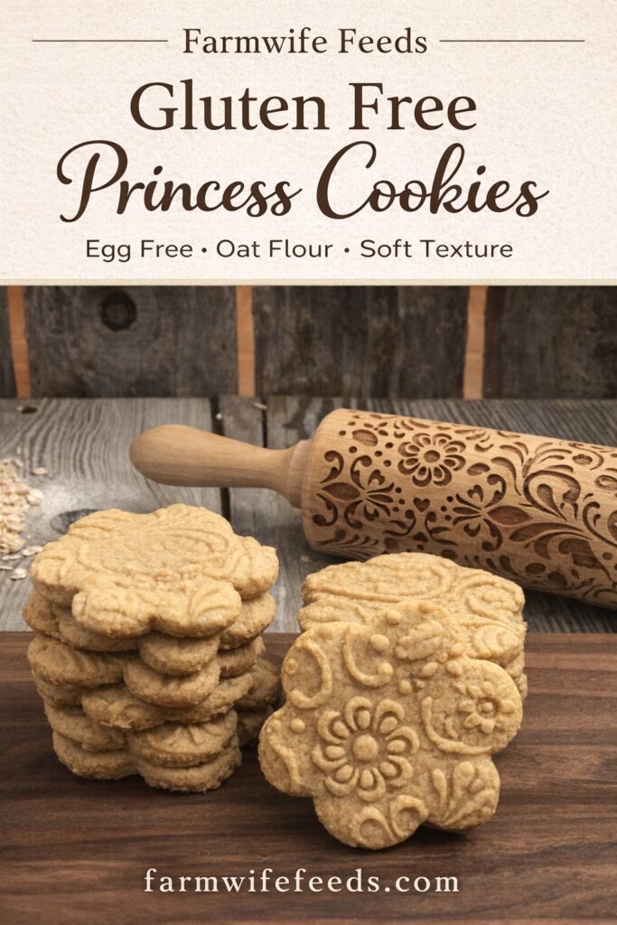 Pinterest pin showing gluten free princess cookies made with oat flour and embossed rolling pin, stacked cookies with decorative pattern and rustic background