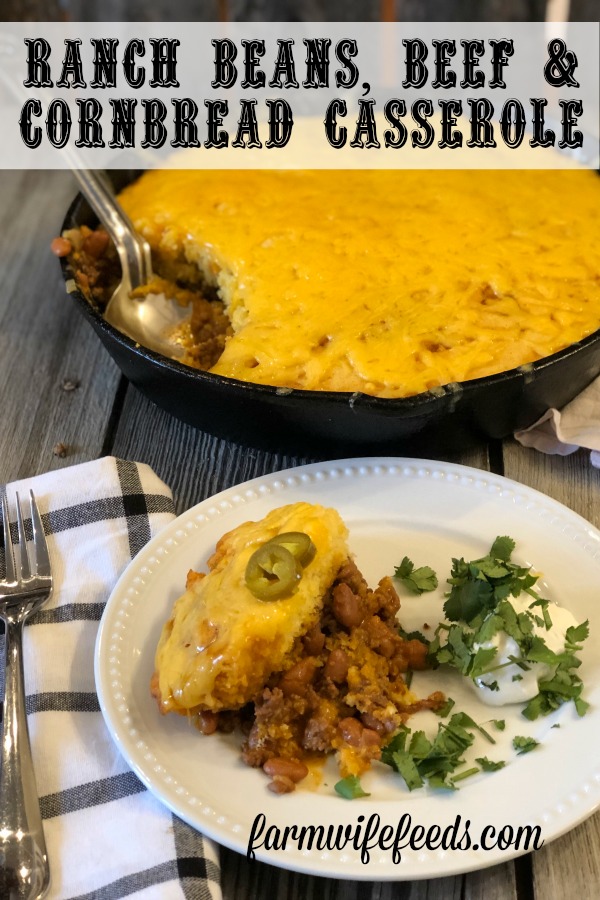 Ranch Beans, Beef and Cornbread Casserole from Farmwife Feeds is a one pan meal full of ground beef, seasoned beans and as much jalapeno kick as you want! #casserole #onepanmeal #groundbeef #castironskillet