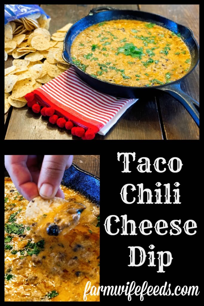 Taco Chili Cheese Dip from Farmwife Feeds makes a great appetizer or meal, is stovetop, oven and crockpot friendly. #dip #crockpot #cheese