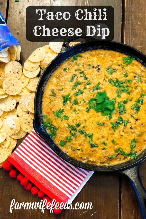 Taco Chili Cheese Dip from Farmwife Feeds makes a great appetizer or meal, is stovetop, oven and crockpot friendly. #dip #crockpot #cheese