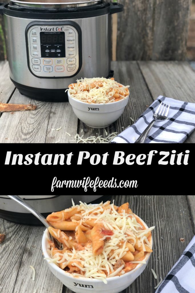 Instant Pot Beef Ziti from Farmwife Feeds is a cheesy hearty one pot meal ready for the table in less than 30 minutes. #instantpot #beef #pasta #recipe