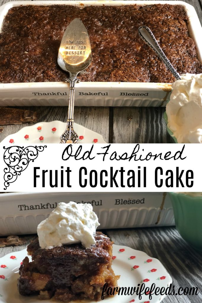 Old Fashioned Fruit Cocktail Cake from Farmwife Feeds is a simple homemade cake using pantry ingredients and a can of fruit cocktail to make a delicious sweet cake. #cake #fruitcocktail #homemade