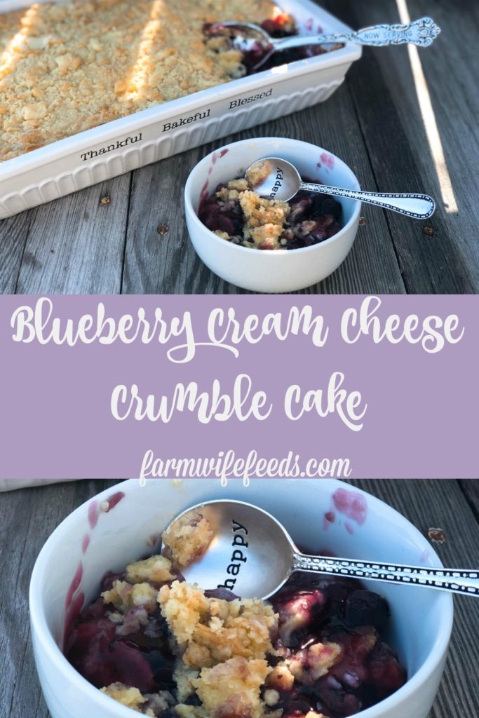 Blueberry Cream Cheese Crumble Cake from Farmwife Feeds is the simplest recipe for delicious homemade dessert. #blueberries #dessert #creamcheese #cakemix