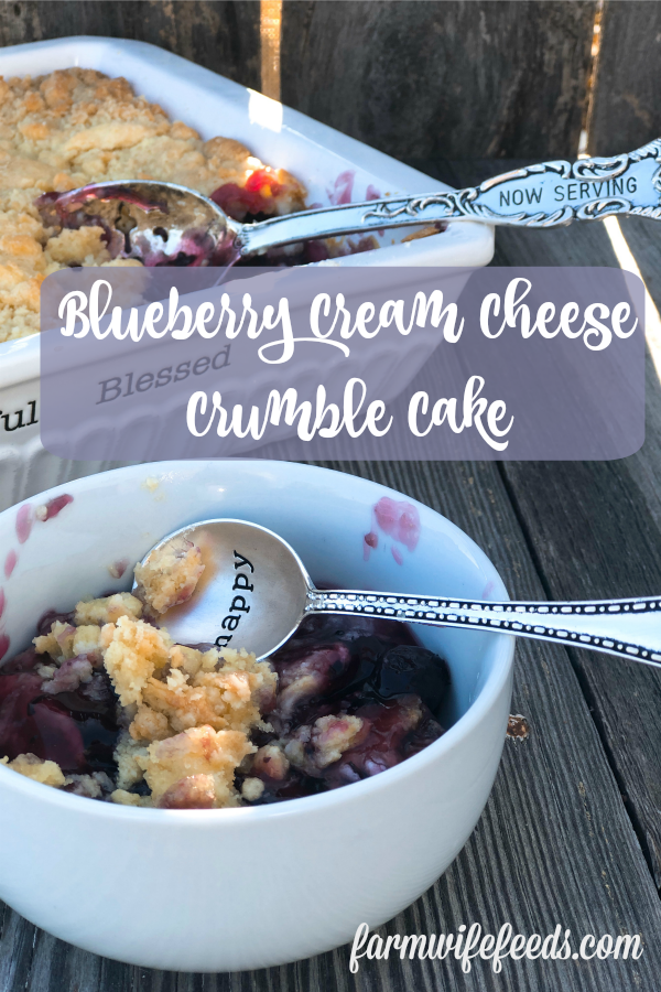 Blueberry Cream Cheese Crumble Cake from Farmwife Feeds is the simplest recipe for delicious homemade dessert. #blueberries #dessert #creamcheese #cakemix